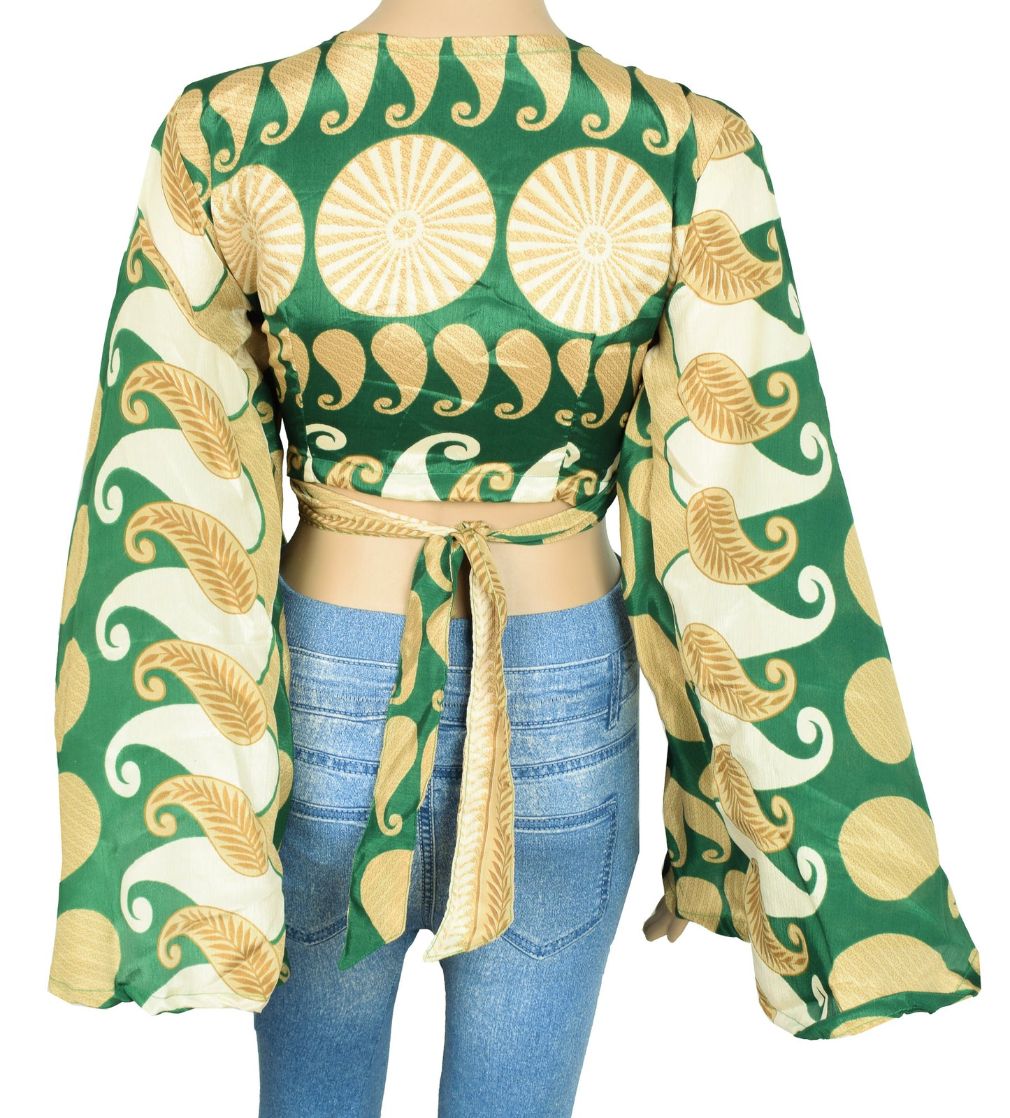Sushila Vintage Bell Sleeve Top Green Recycled Silk Saree New 70s Retro Bohemian