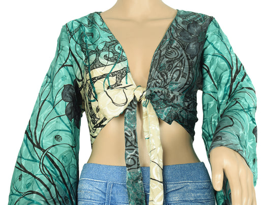 Sushila Vintage Boho 70s Bell Sleeve Top Green Gray Recycled Silk Saree New