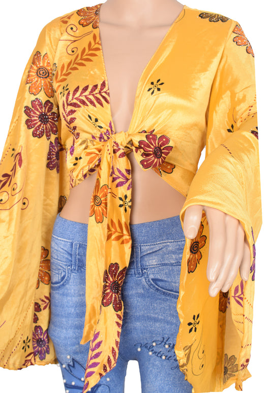 Sushila Vintage 70s Retro Bohemian Bell Sleeve Top Yellow Recycled Silk Saree New