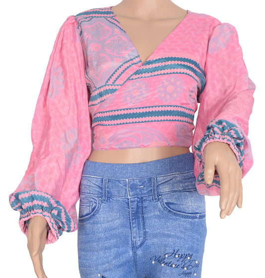 Sushila Vintage 70s Retro Bohemian Balloon Sleeve Top Pink Recycled Silk Saree New