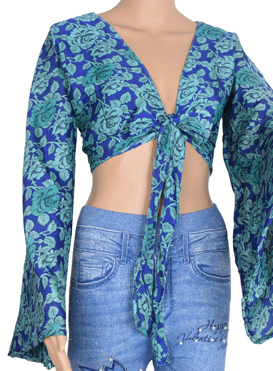 Sushila Vintage Blue 70s Retro Bell Sleeve Top Floral Print Recycled Silk Saree Boho