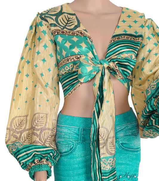 Sushila Vintage 70s Retro Bohemian Balloon Sleeve Top Cream Recycled Silk Saree New