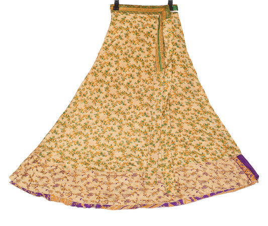 Sushila Vintage Floral Beige Art Silk Saree Magic Wrap Reversible Skirt Beach Dress