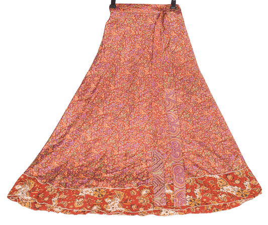 Sushila Vintage Brown Art Silk Saree Floral Magic Wrap Reversible Skirt Beach Dress
