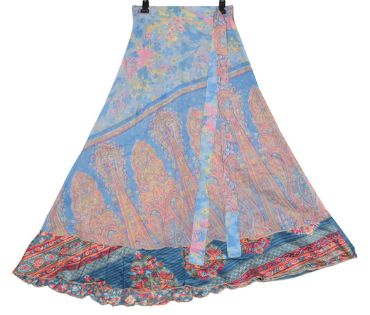 Sushila Vintage Steel Blue Art Silk Saree Magic Wrap Reversible Skirt Beach Dress