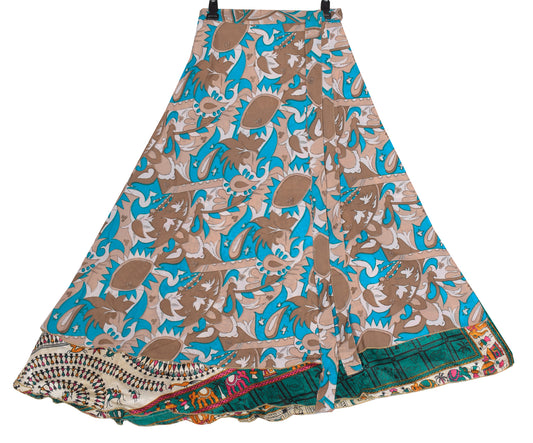 Sushila Vintage Art Silk Saree Magic Wrap Reversible Skirt Warli Print Beach Dress