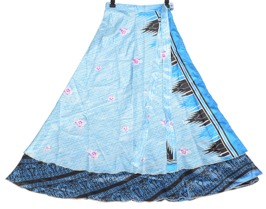 Sushila Vintage Art Silk Saree Magic Wrap Reversible Skirt Black Animal Print