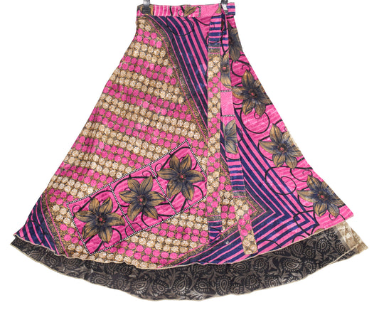 Sushila Vintage Art Silk Saree Magic Wrap Reversible Skirt Beach Dress Paisley Black
