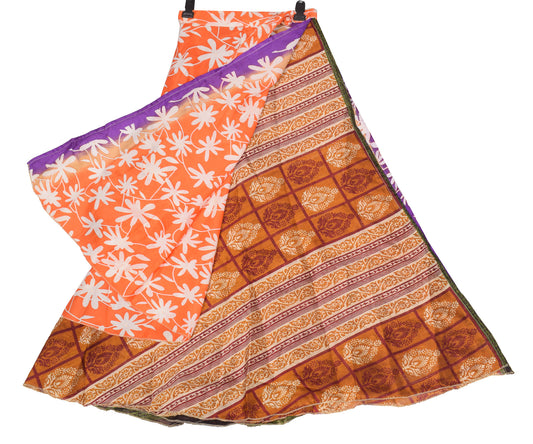 Sushila Vintage Art Silk Saree Magic Wrap Reversible Skirt Beach Floral Dress Orange