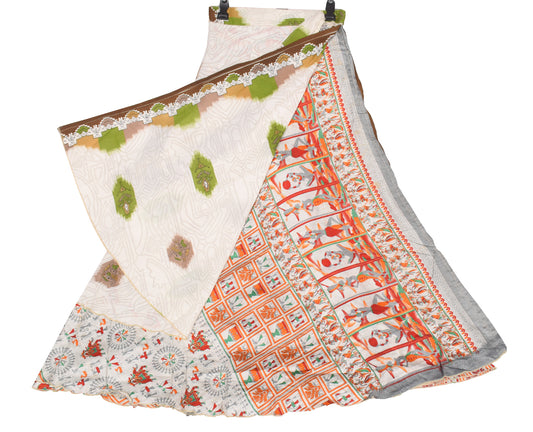 Sushila Vintage White Art Silk Saree Magic Wrap Reversible Skirt Warli Print Dress