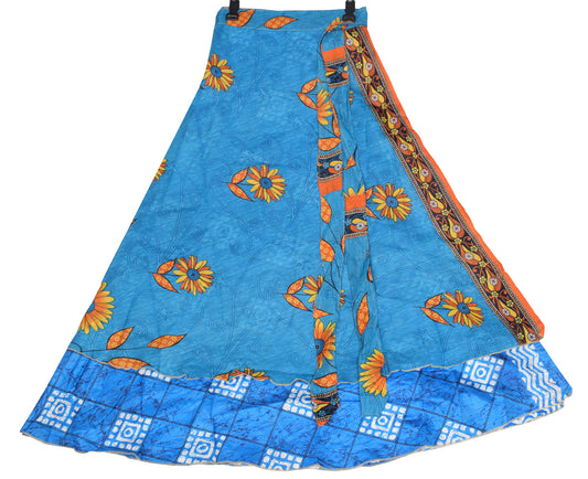 Sushila Vintage Magic Wrap Reversible Skirt Turq. Blue Art Silk Saree Beach Dress