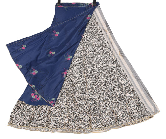 Sushila Vintage Art Silk Saree Magic Wrap Reversible Skirt Beach Dress Floral Blue