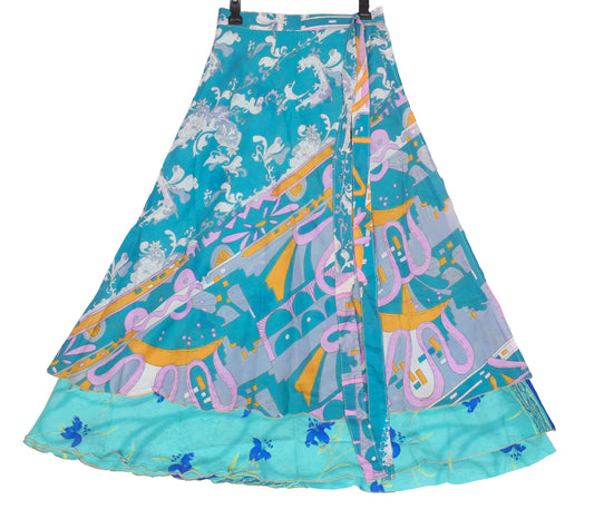 Sushila Vintage Aqua Green Art Silk Saree Magic Wrap Reversible Skirt Dress