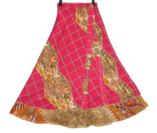 Sushila Vintage Art Silk Saree Magic Wrap Reversible Skirt Beach Dress Magenta Checks