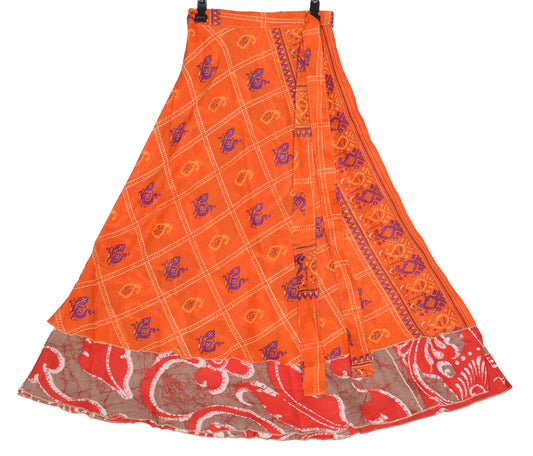 Sushila Vintage Orange Art Silk Saree Magic Wrap Reversible Peacock Skirt Beach Dress
