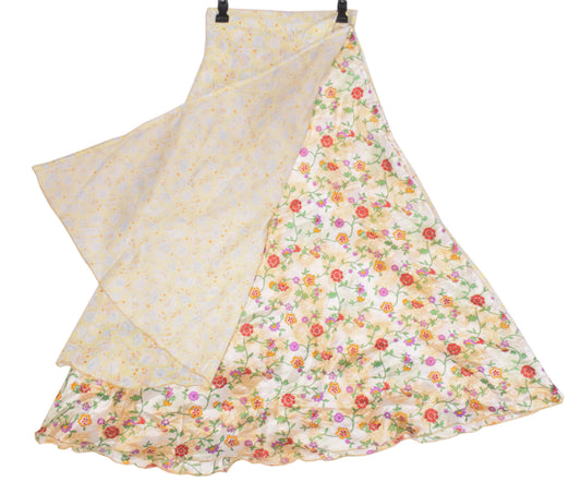 Sushila Vintage Yellow Art Silk Saree Magic Wrap Reversible Skirt Floral Dress