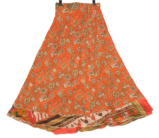 Sushila Vintage Art Silk Saree Magic Wrap Reversible Skirt Elephant Print Dress