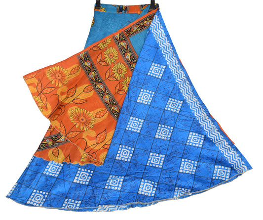 Sushila Vintage Blue Art Silk Saree Magic Wrap Reversible Skirt Beach Dress