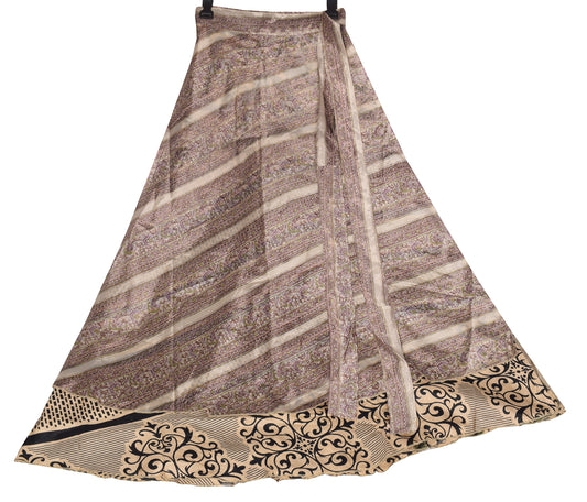 Sushila Vintage Beige Art Silk Saree Magic Wrap Reversible Skirt Floral Dress