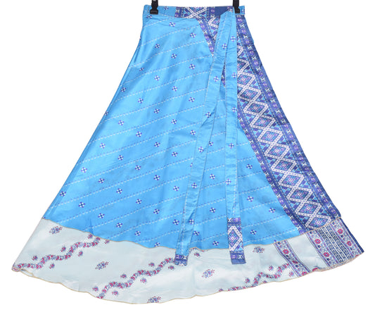 Sushila Vintage Aqua Blue Art Silk Saree Magic Wrap Reversible Skirt Dress