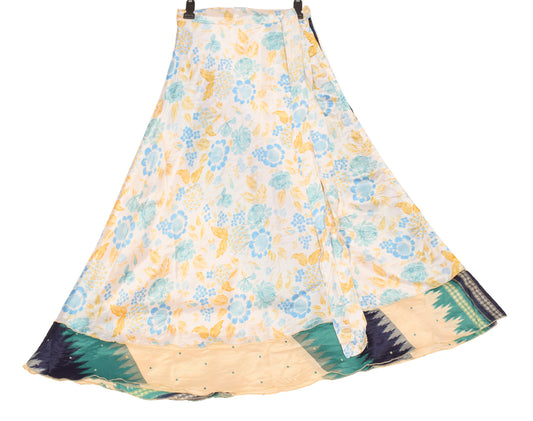 Sushila Vintage Saree Magic Wrap Reversible Skirt White Floral Art Silk Beach Dress