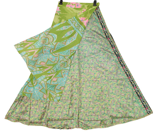 Sushila Vintage Art Silk Saree Magic Wrap Reversible Skirt Green Floral Dress