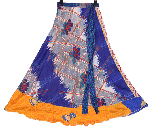 Sushila Vintage Art Silk Saree Magic Wrap Reversible Skirt Beach Dress Blue Yellow