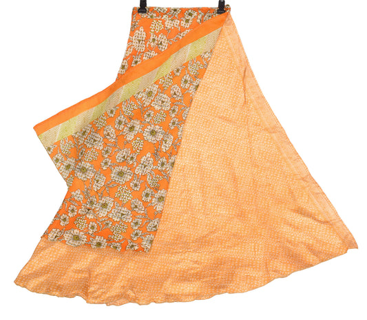 Sushila Vintage Art Silk Saree Magic Wrap Floral Orange Reversible Skirt Dress