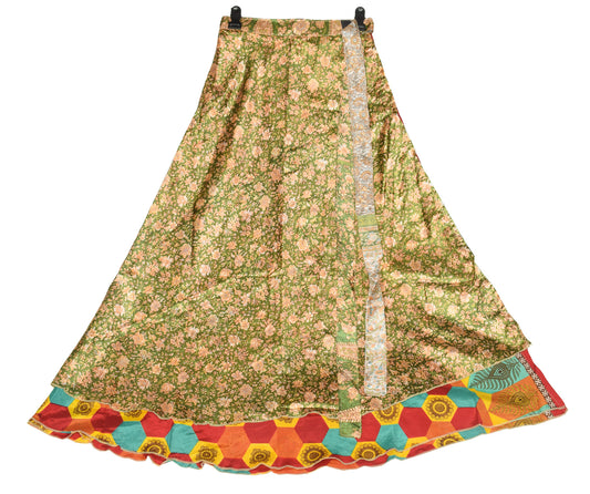 Sushila Vintage Green Art Silk Saree Magic Wrap Reversible Skirt Beach Dress