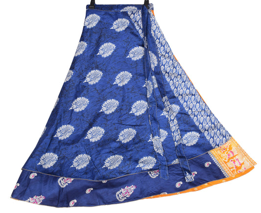 Sushila Vintage Art Silk Saree Magic Wrap Reversible Skirt Beach Dress Blue