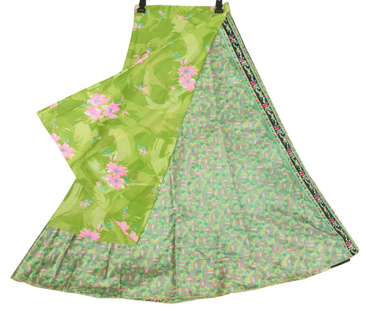 Sushila Vintage Art Silk Saree Magic Wrap Reversible Skirt Beach Dress Green Floral
