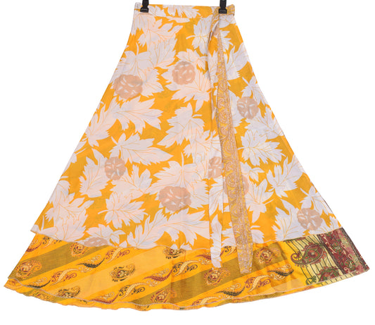 Sushila Vintage Yellow Art Silk Saree Magic Wrap Reversible Skirt Beach Dress Printed
