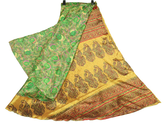 Sushila Vintage Art Silk Saree Magic Wrap Reversible Skirt Floral Green Dress
