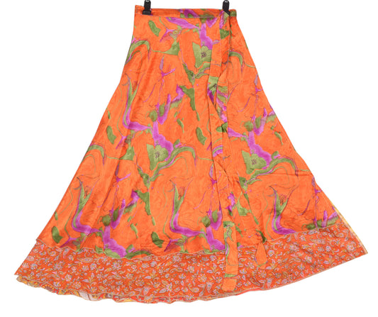 Sushila Vintage Art Silk Saree Magic Wrap Reversible Skirt Beach Dress Floral Rust
