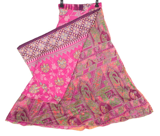 Sushila Vintage Art Silk Saree Magic Wrap Reversible Skirt Magenta Beach Dress