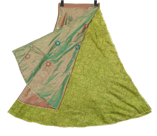 Sushila Vintage Art Silk Saree Magic Wrap Reversible Skirt Beach Dress Floral Green