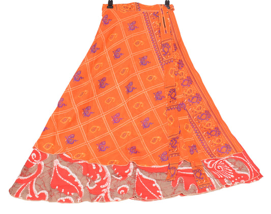 Sushila Vintage Orange Saree Magic Wrap Reversible Skirt Art Silk Birds Beach Dress