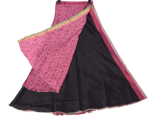 Sushila Vintage Black Art Silk Saree Magic Wrap Reversible Skirt Beach Dress Boho