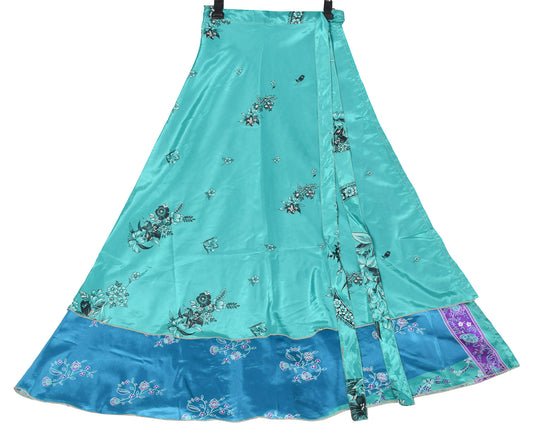 Sushila Vintage Art Silk Saree Magic Wrap Reversible Skirt Beach Dress Green Blue