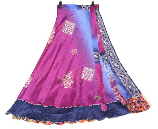 Sushila Vintage Art Silk Saree Magic Wrap Reversible Skirt Beach Dress Purple Blue