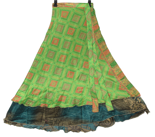 Sushila Vintage Green Art Silk Saree Magic Wrap Reversible Skirt Beach Dress Wrap