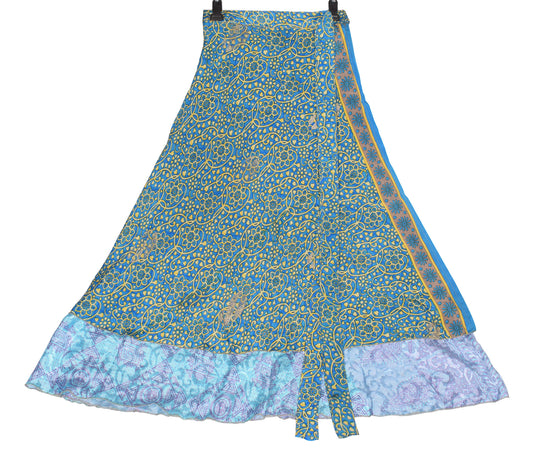 Sushila Vintage Aqua Art Silk Saree Magic Wrap Reversible Skirt Beach Dress Boho
