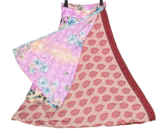 Sushila Vintage Floral Pink Art Silk Saree Magic Wrap Reversible Skirt Beach Dress