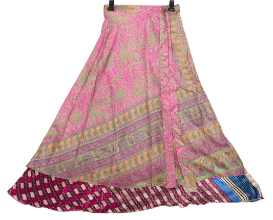 Sushila Vintage Multi-Color Art Silk Saree Magic Wrap Reversible Skirt Beach Dress