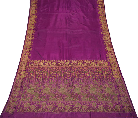 Sushila Vintage Woven Floral Sari Remnant Scrap Pure Silk Purple 5YD Craft Fabric