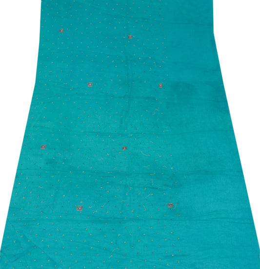 Sushila Vintage Teal Blue Sari Remnant Scrap Embroidered Pure Chiffon Craft Fabric