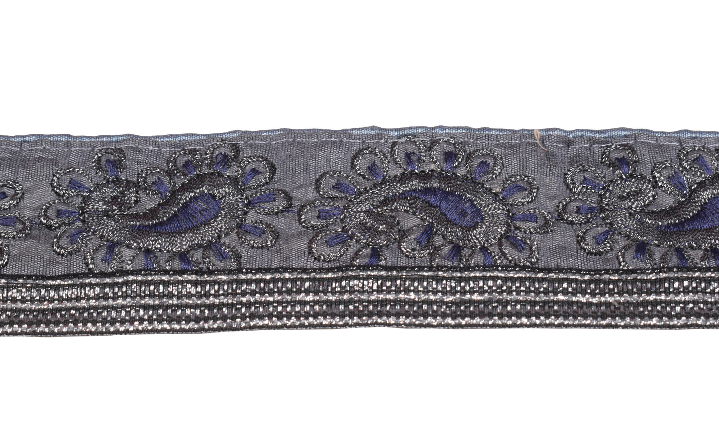 Sushila Vintage Gray Art Silk Saree Border Craft Sewing Trim Embroidered Lace