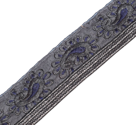 Sushila Vintage Gray Art Silk Saree Border Craft Sewing Trim Embroidered Lace