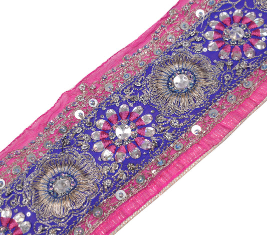 Sushila Vintage Blue Saree Border Craft Sewing Trim Zari Embroidered Lace