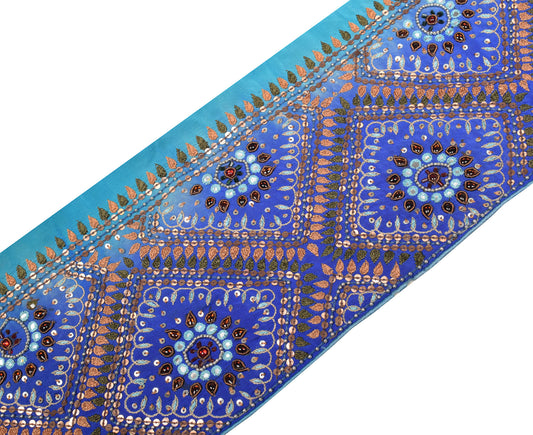 Sushila Vintage Blue Saree Border Craft Sewing Trim Hand Beaded Lace